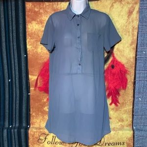 SU MEI-women’s gray semi-transparent short sleeve button down long shirt dress